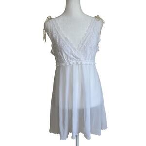 Hanky Panky Vintage Mesh Lace Babydoll Lingerie Dress Satin Bow Ties White USA